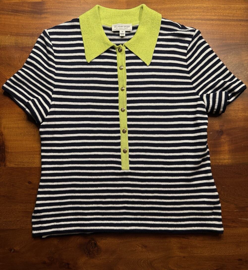 St. John Sport Women’s Striped Collared Knit Wool Blend Designer Top Sz Small
